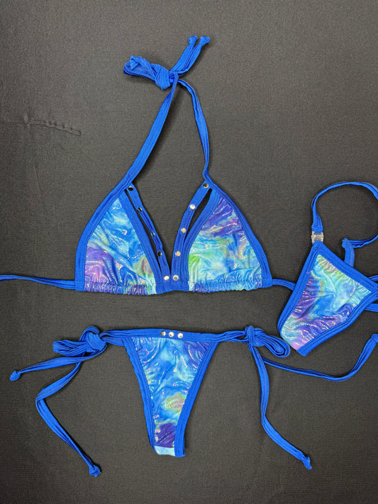 Royal Blue/Holographic Blue Print Two-Piece Bikini Lingerie Outfit