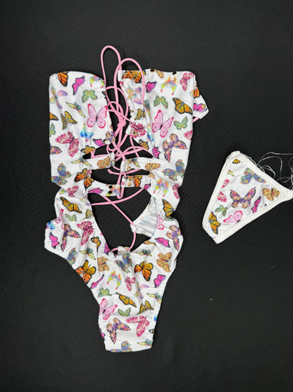 Butterfly Print Spandex One-Piece Lingerie Outfit