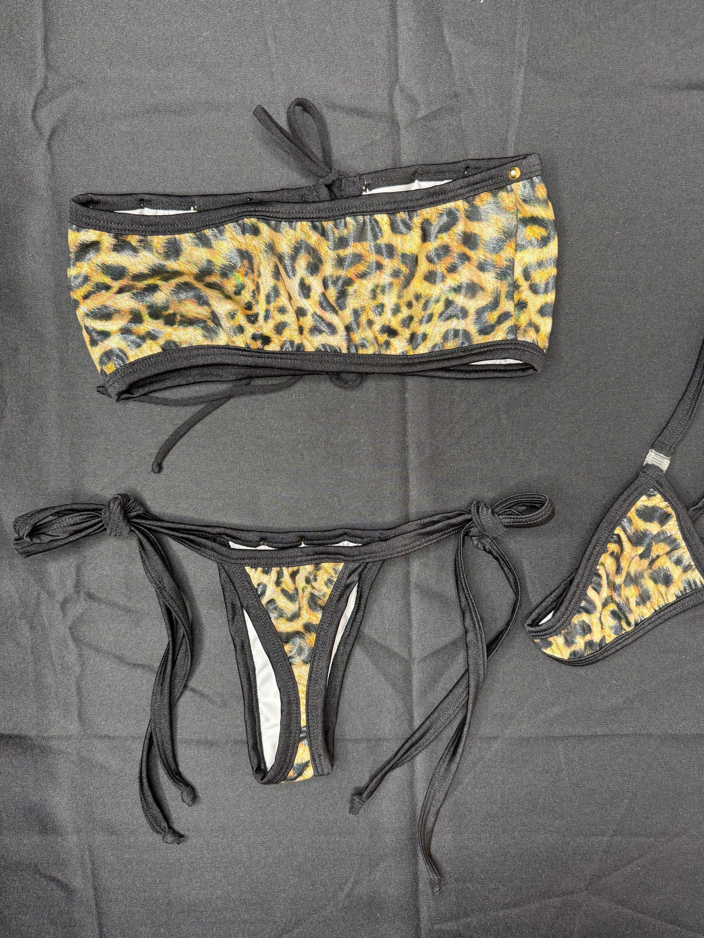 Holographic Cheetah Animal Print Tube Top/Side-Tie Bikini Bottoms Two-Piece Lingerie Outfit
