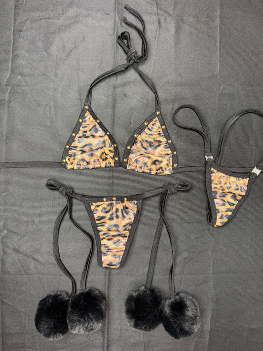 Holographic Cheetah Animal Print/Black Spandex Pom Pom Two-Piece Bikini Lingerie Outfit