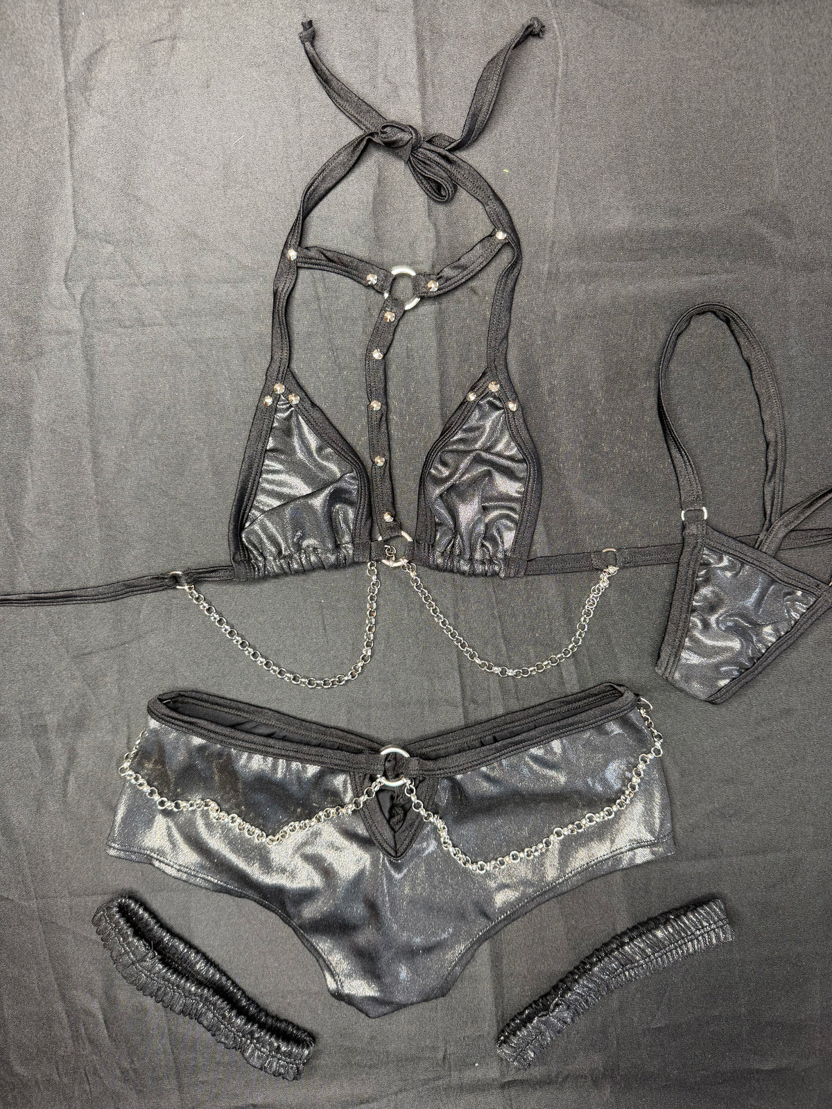 Metallic Black/Black Two-Piece Garters Shorts Lingerie Outfit