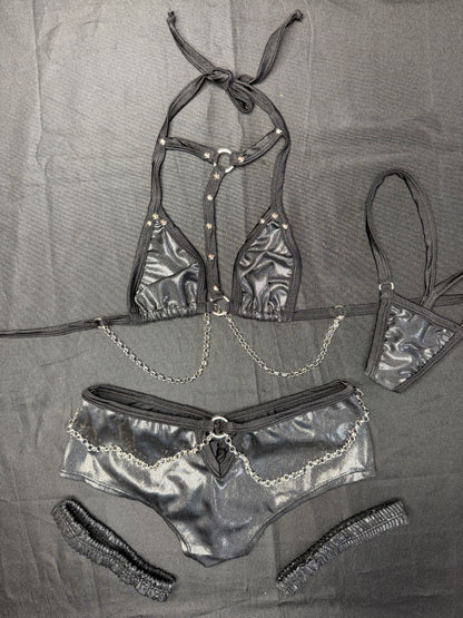 Metallic Black/Black Two-Piece Garters Shorts Lingerie Outfit