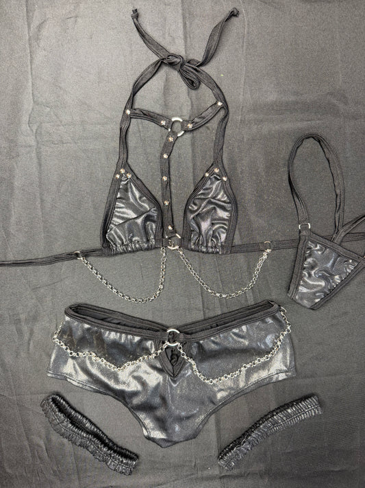 Metallic Black/Black Two-Piece Garters Shorts Lingerie Outfit