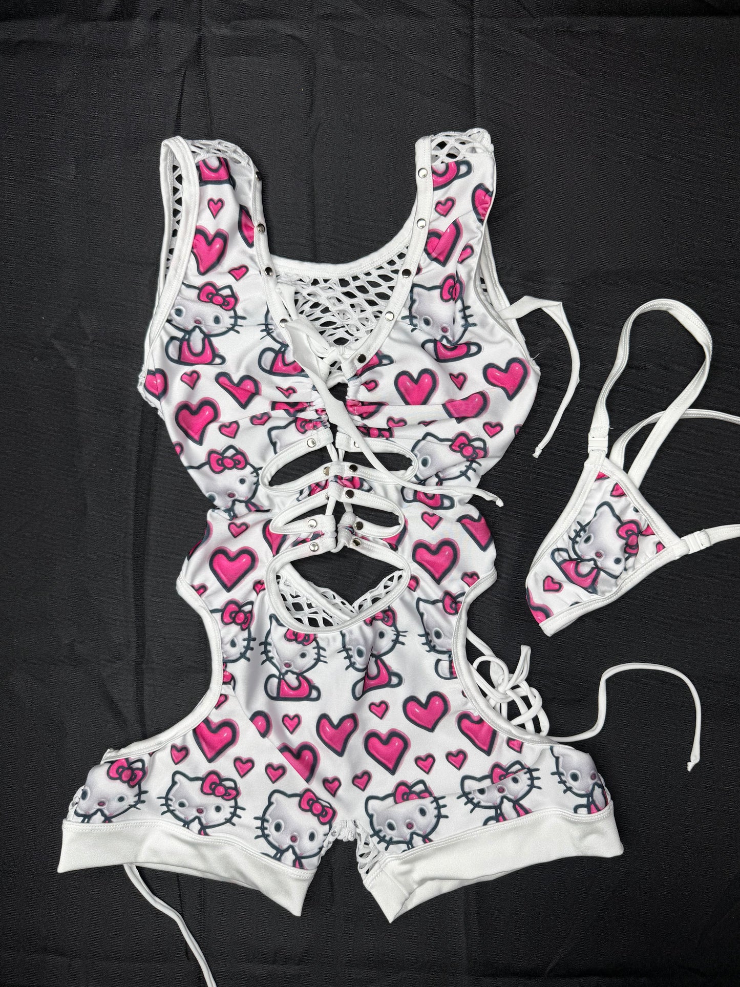 White Kitty Heart Spandex/White Fishnet Sleeveless Romper Lingerie Outfit