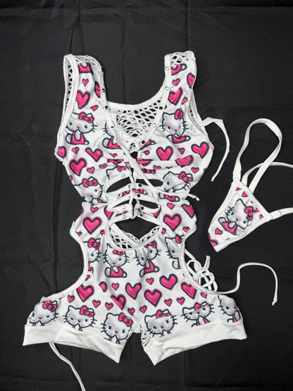 White Kitty Heart Spandex/White Fishnet Sleeveless Romper Lingerie Outfit