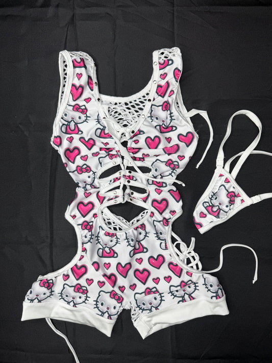 White Kitty Heart Spandex/White Fishnet Sleeveless Romper Lingerie Outfit