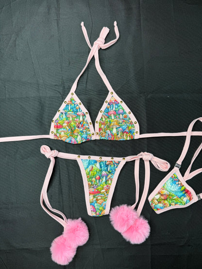 Mushroom Print/Baby Pink Pom Pom Spandex Two-Piece Bikini Lingerie Outfit