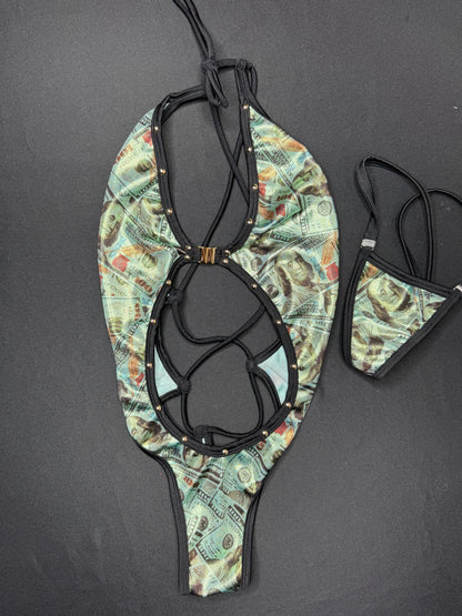 Holographic Money Print/Black Spandex One-Piece Lingerie Outfit