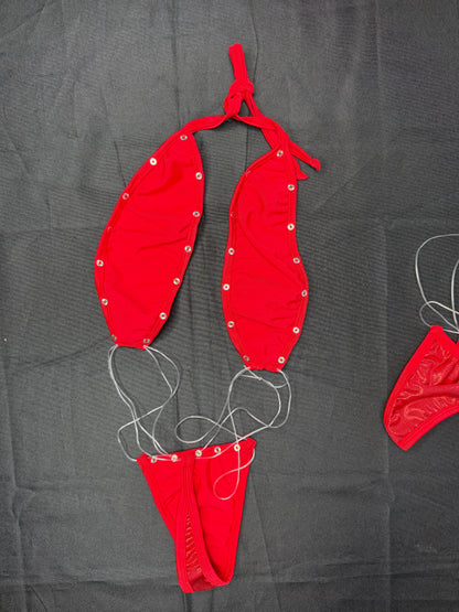 Metallic Red/Red Spandex/Silicone One-Piece Bikini Lingerie Outfit