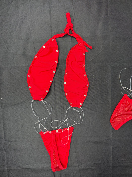 Metallic Red/Red Spandex/Silicone One-Piece Bikini Lingerie Outfit
