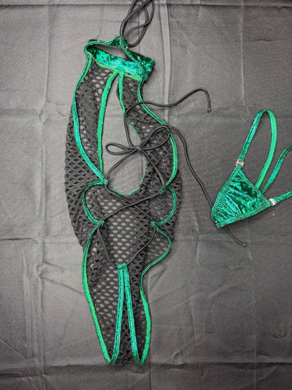Metallic Green Spandex/Black Fishnet One-Piece Lingerie Outfit