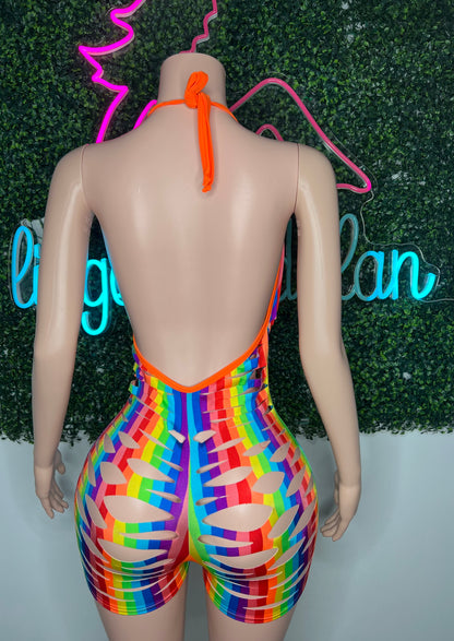 Rainbow Print One-Piece Ripped Back Lingerie Outfit