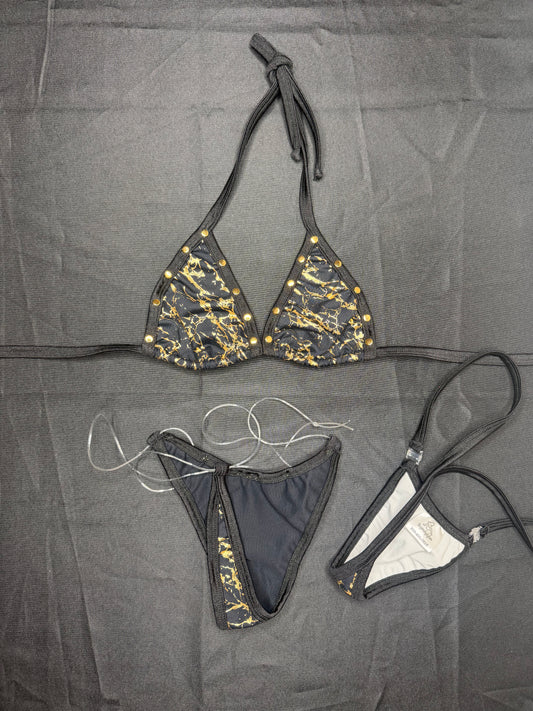 Gold/Black Spandex Two-Piece Lingerie Bikini Outfit