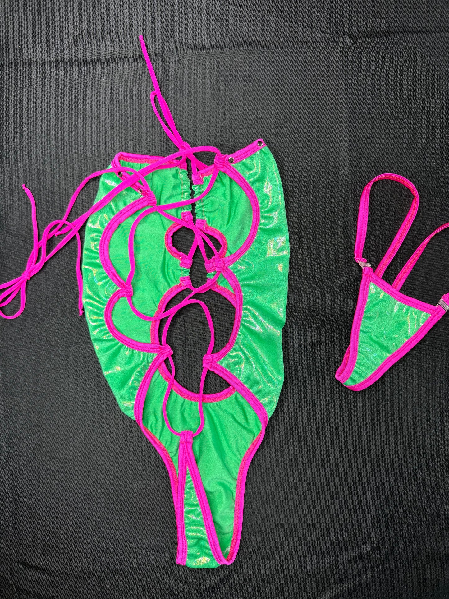 Holographic Green/Hot Pink Spandex One-Piece Lingerie Outfit