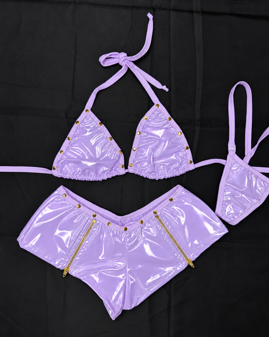 Shiny Lavender Vinyl/Lilac Spandex Bikini Top/Zipper Shorts Lingerie Outfit