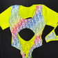 Neon Yellow/Designer Rainbow One-Piece Short Sleeve Leotard Lingerie Outfit