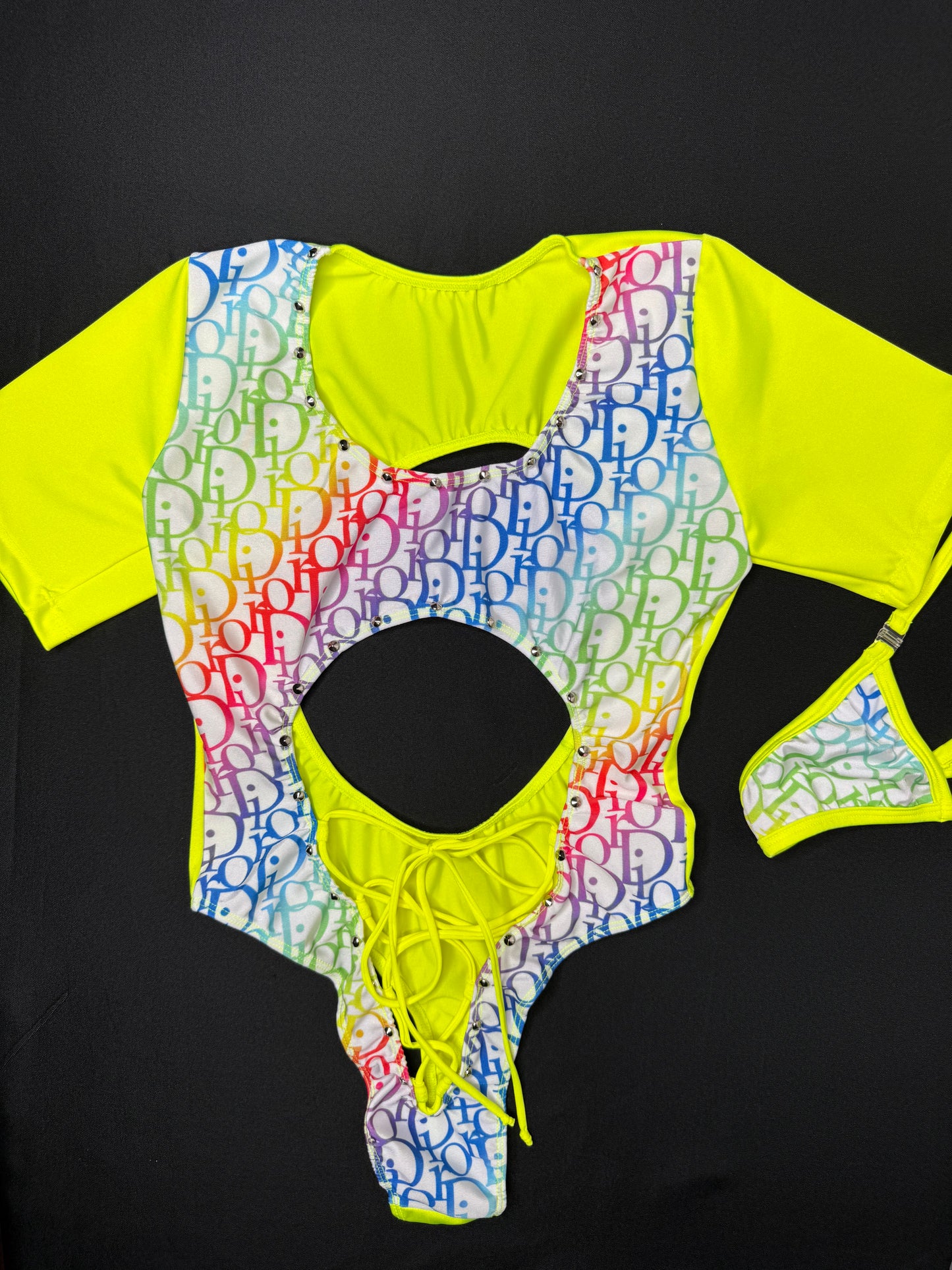Neon Yellow/Designer Rainbow One-Piece Short Sleeve Leotard Lingerie Outfit