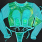 Green Ombré Spandex/Aqua Mesh Long Sleeve/Side-Tie Bikini Bottoms Lingerie Outfit