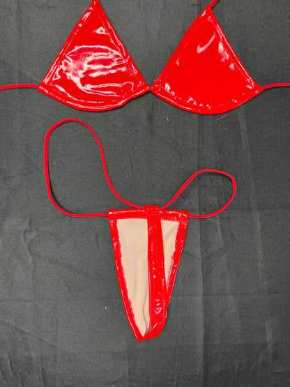 Red Vinyl Micro Bikini Lingerie Outfit