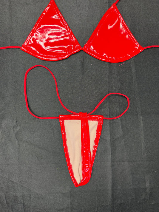 Red Vinyl Micro Bikini Lingerie Outfit