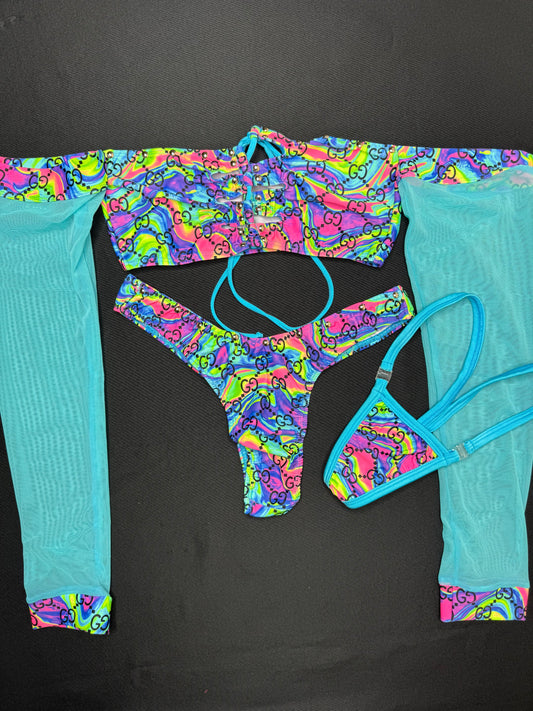 Tie Dye Long Sleeve Tube Top/Cheeky Thong Two-Piece Lingerie Outfit