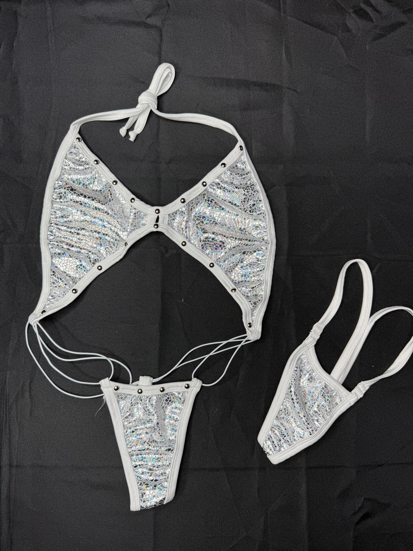 Metallic White Spandex Sling-Shot Lingerie Outfit