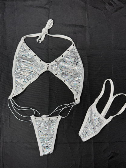 Metallic White Spandex Sling-Shot Lingerie Outfit