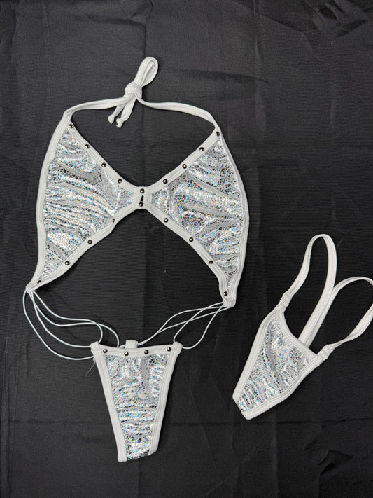 Metallic White Spandex Sling-Shot Lingerie Outfit