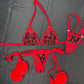 Red Flame Mesh Fur Two-Piece Side-Tie Bikini Lingerie Outfit