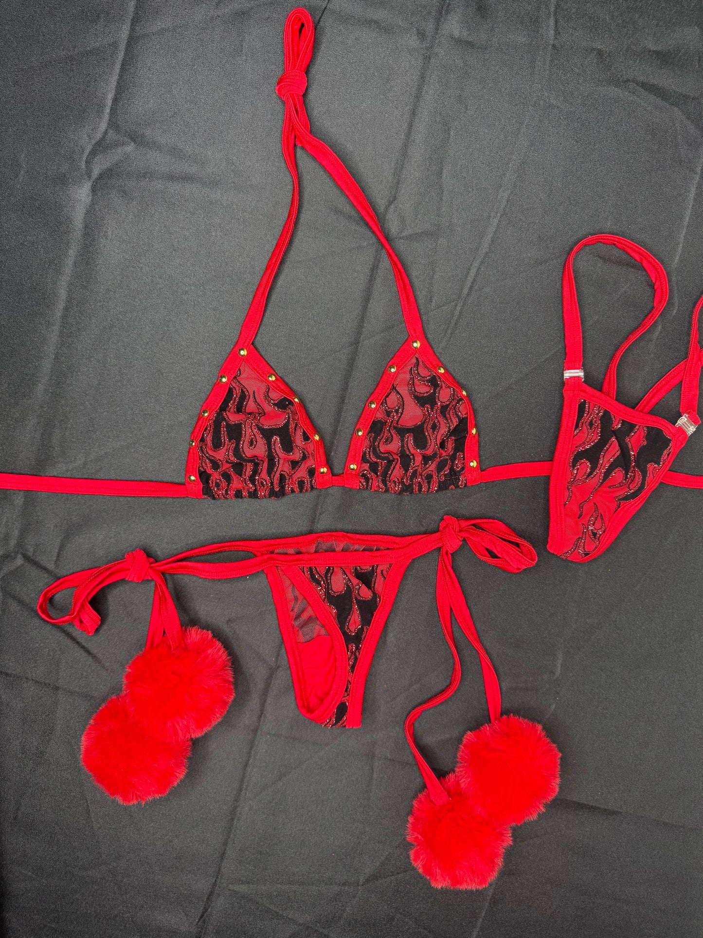 Red Flame Mesh Fur Two-Piece Side-Tie Bikini Lingerie Outfit