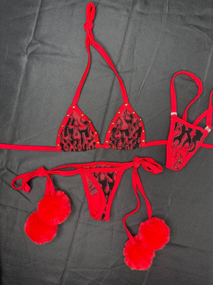 Red Flame Mesh Fur Two-Piece Side-Tie Bikini Lingerie Outfit
