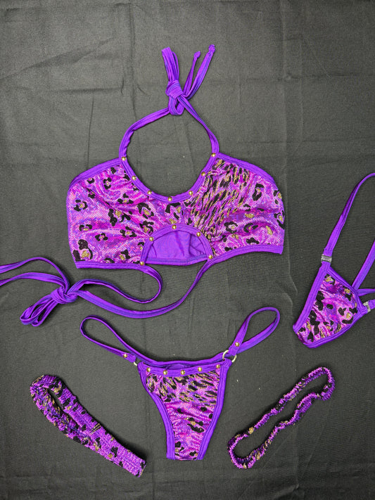 Metallic Purple Spandex Sports Bra Three-Piece Garters Lingerie Outfit