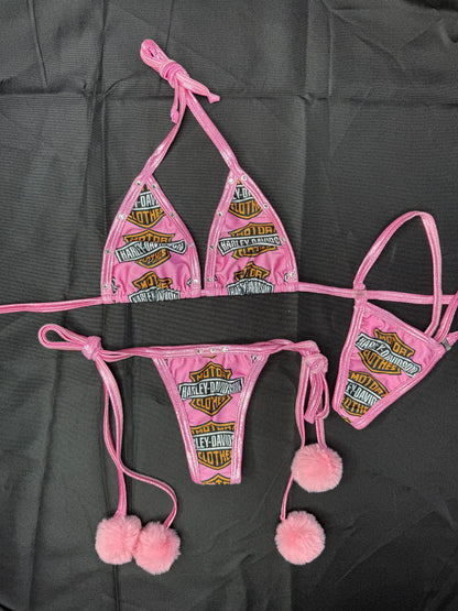 Pink Harley Spandex Fur Ball Side-Tie Bikini Two-Piece Lingerie Outfit
