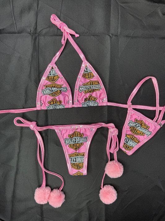 Pink Harley Spandex Fur Ball Side-Tie Bikini Two-Piece Lingerie Outfit