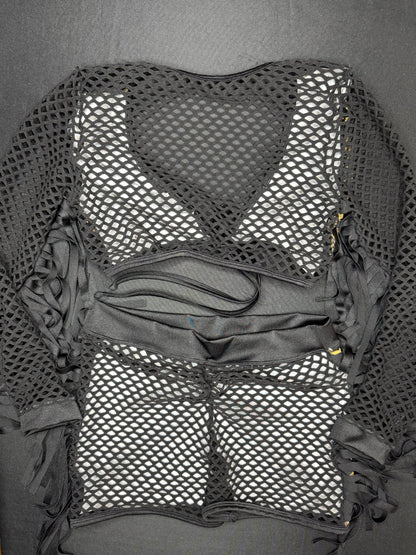 Microdot Silver/White Fringe Single Sleeve/Shorts Two-Piece Lingerie Outfit
