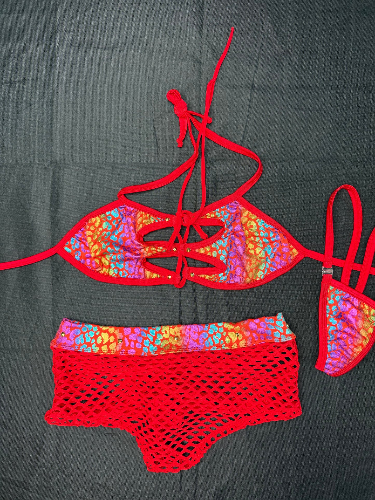 Rainbow Animal Print/Red Spandex Two-Piece Lingerie Outfit