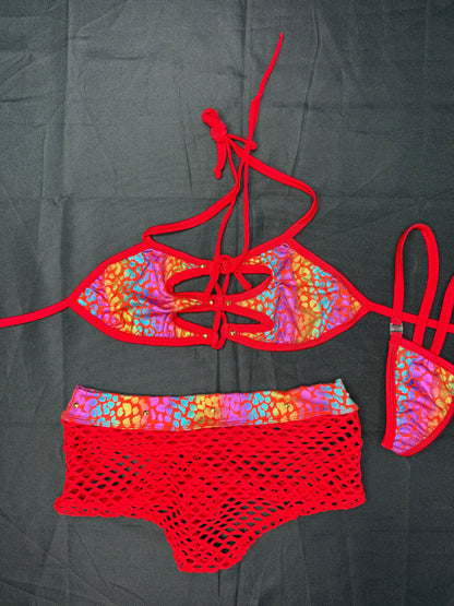 Rainbow Animal Print/Red Spandex Two-Piece Lingerie Outfit