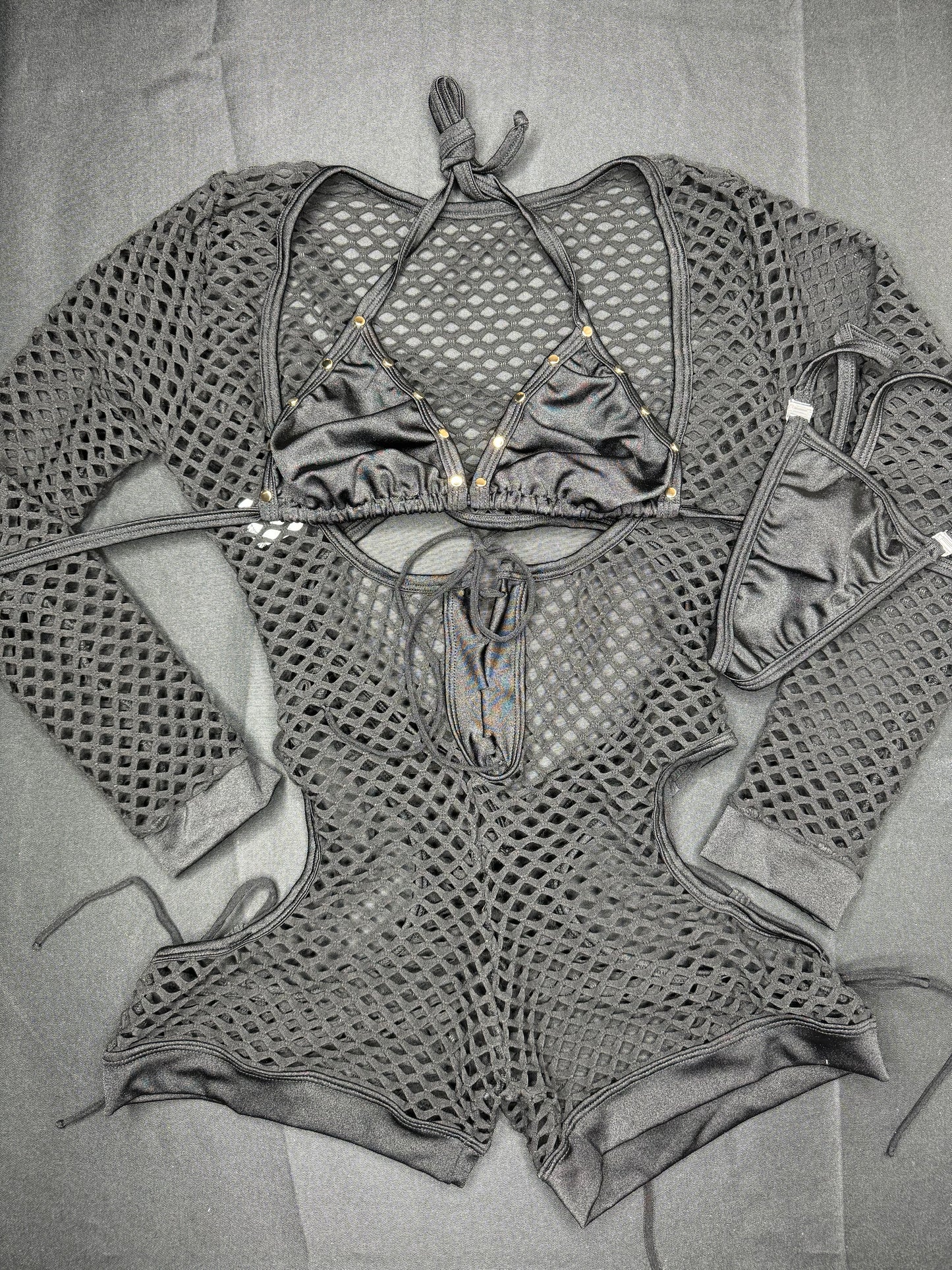Black/Black Fishnet Romper Lingerie Outfit