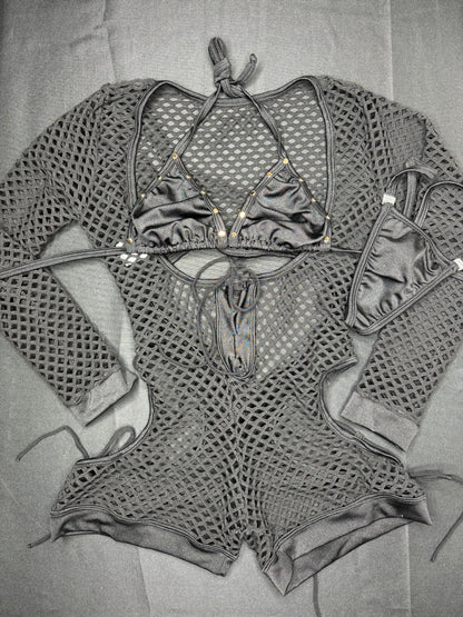 Black/Black Fishnet Romper Lingerie Outfit