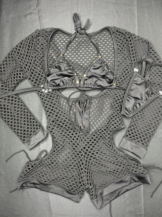 Black/Black Fishnet Romper Lingerie Outfit