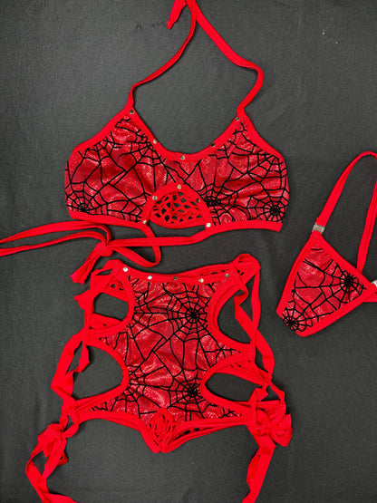 Red Web/Red Fishnet Sports Bra/Shorts Two-Piece Lingerie Outfit