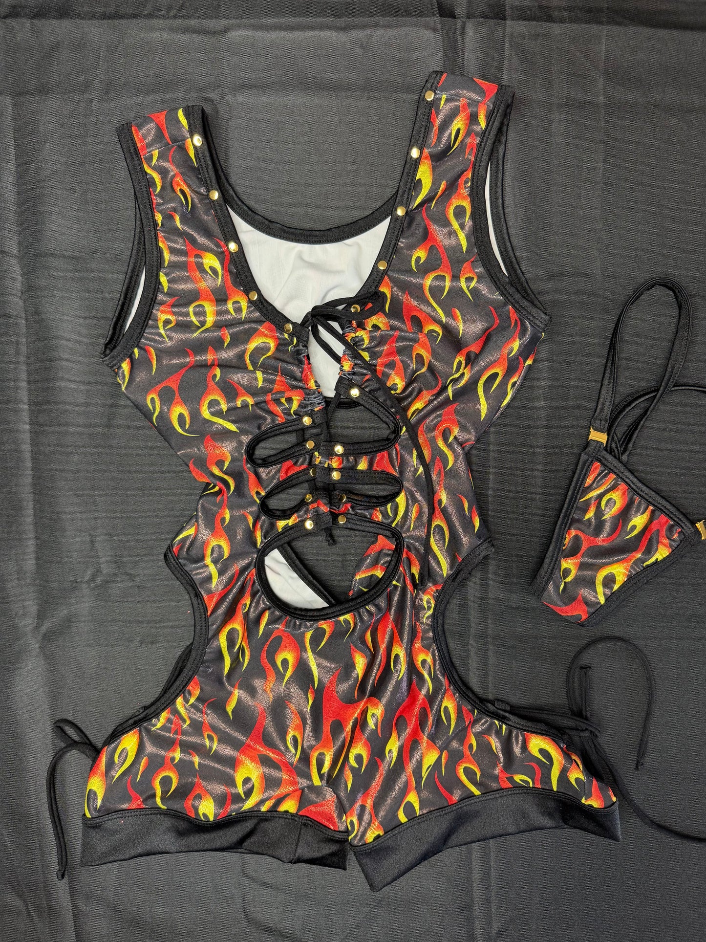 Holographic Black/Red Flame Spandex Romper Lingerie Outfit