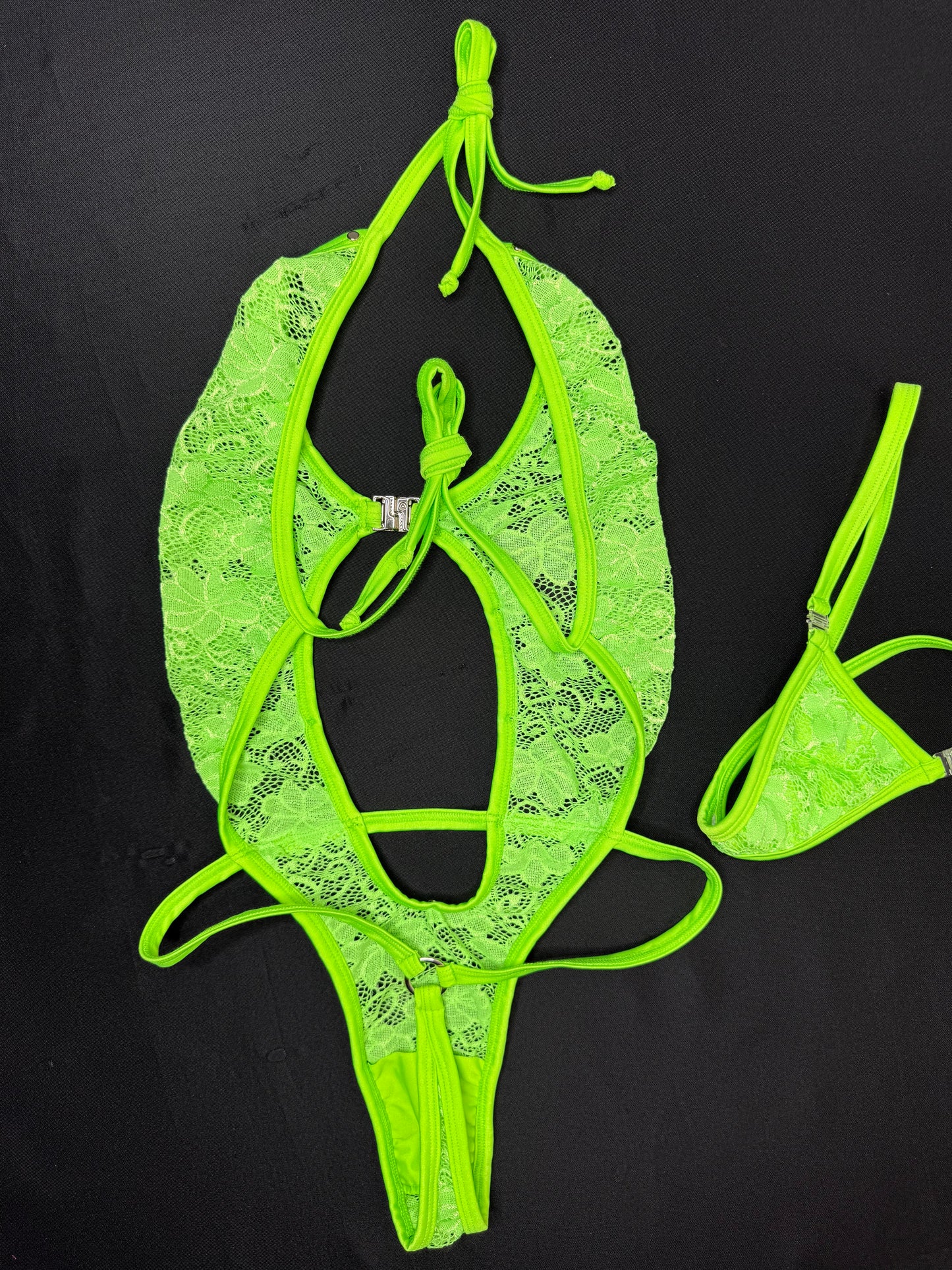 Neon Green Lace One-Piece Lingerie Outfit