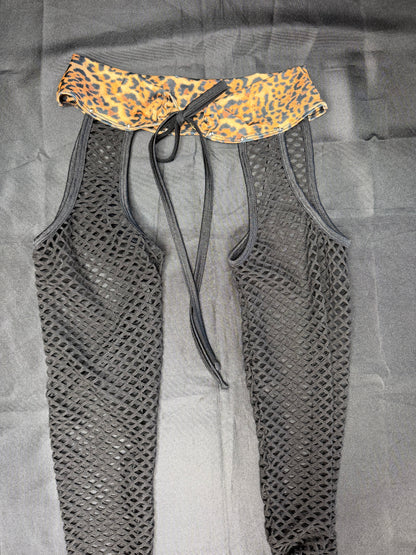 Cheetah Animal Print/Black Fishnet Spandex Chaps Leg Outfit/Cheeky Thong/Top Lingerie Outfit