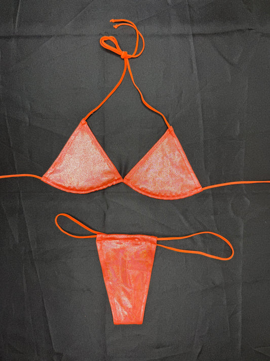 Metallic Orange Spandex Micro Bikini Lingerie Outfit