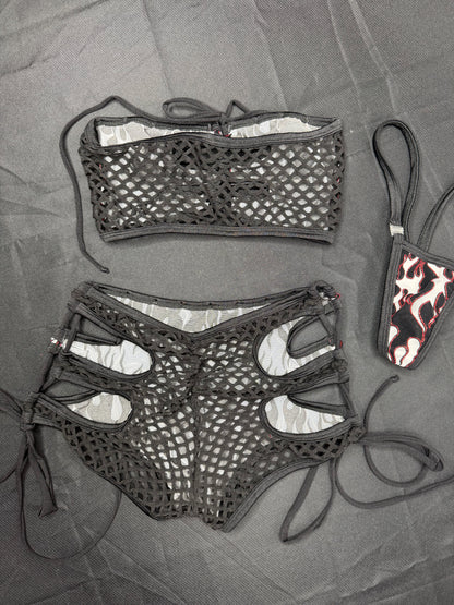White Flame Mesh Tube Top/Shorts Two-Piece Lingerie Outfit