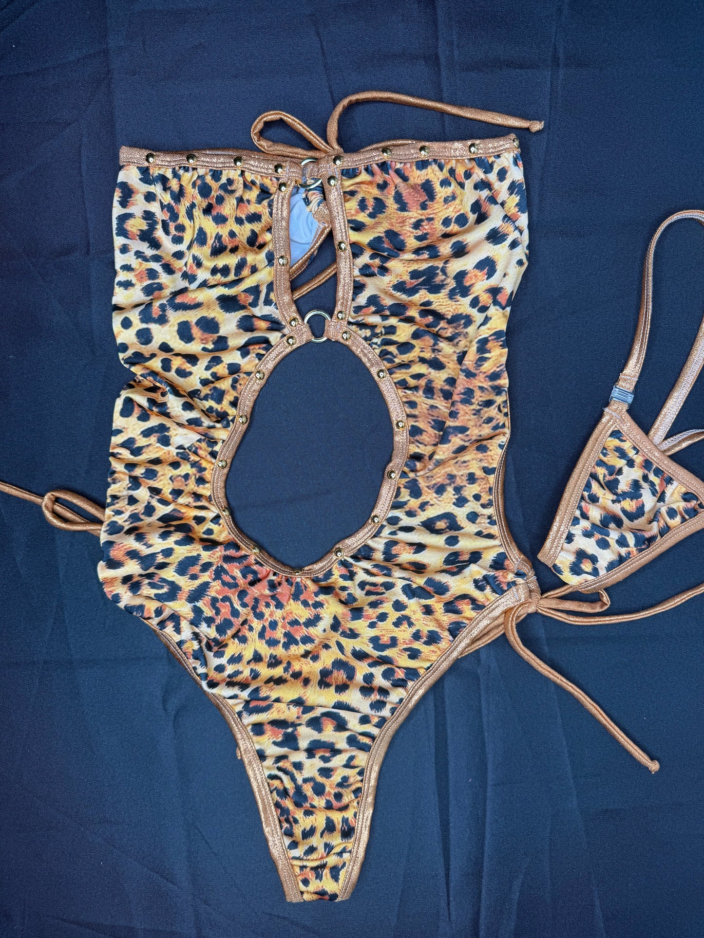 Cheetah Animal Print/Metallic Copper Spandex One-Piece Lingerie Outfit