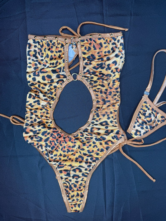 Cheetah Animal Print/Metallic Copper Spandex One-Piece Lingerie Outfit