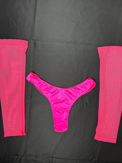 Hot Pink Three-Piece Mesh Cheeky Thong/Sleeves Lingerie Outfit