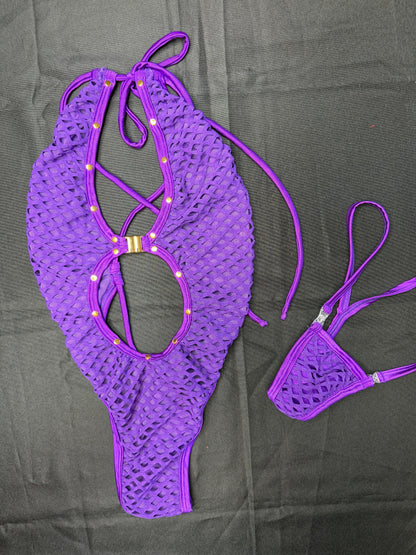 Purple Fishnet Spandex One-Piece Lingerie Outfit